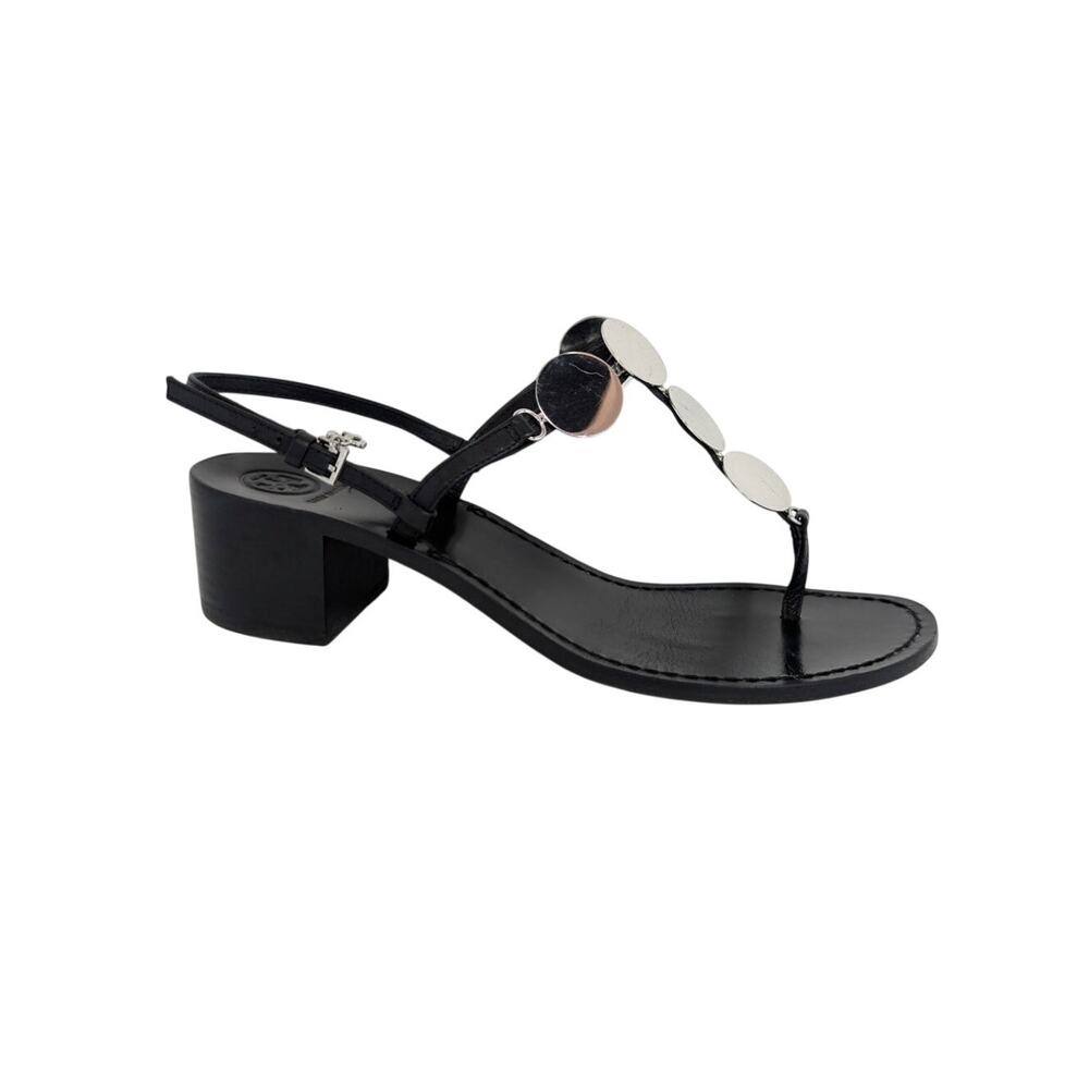 Tory Burch Black Leather Summer Sandals Silver Disc Heels Size 9
